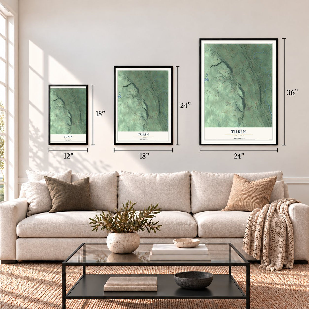 Turin, New York map in 12 x 18, 18 x 24 and 24 x 36 inch sizes above a sofa