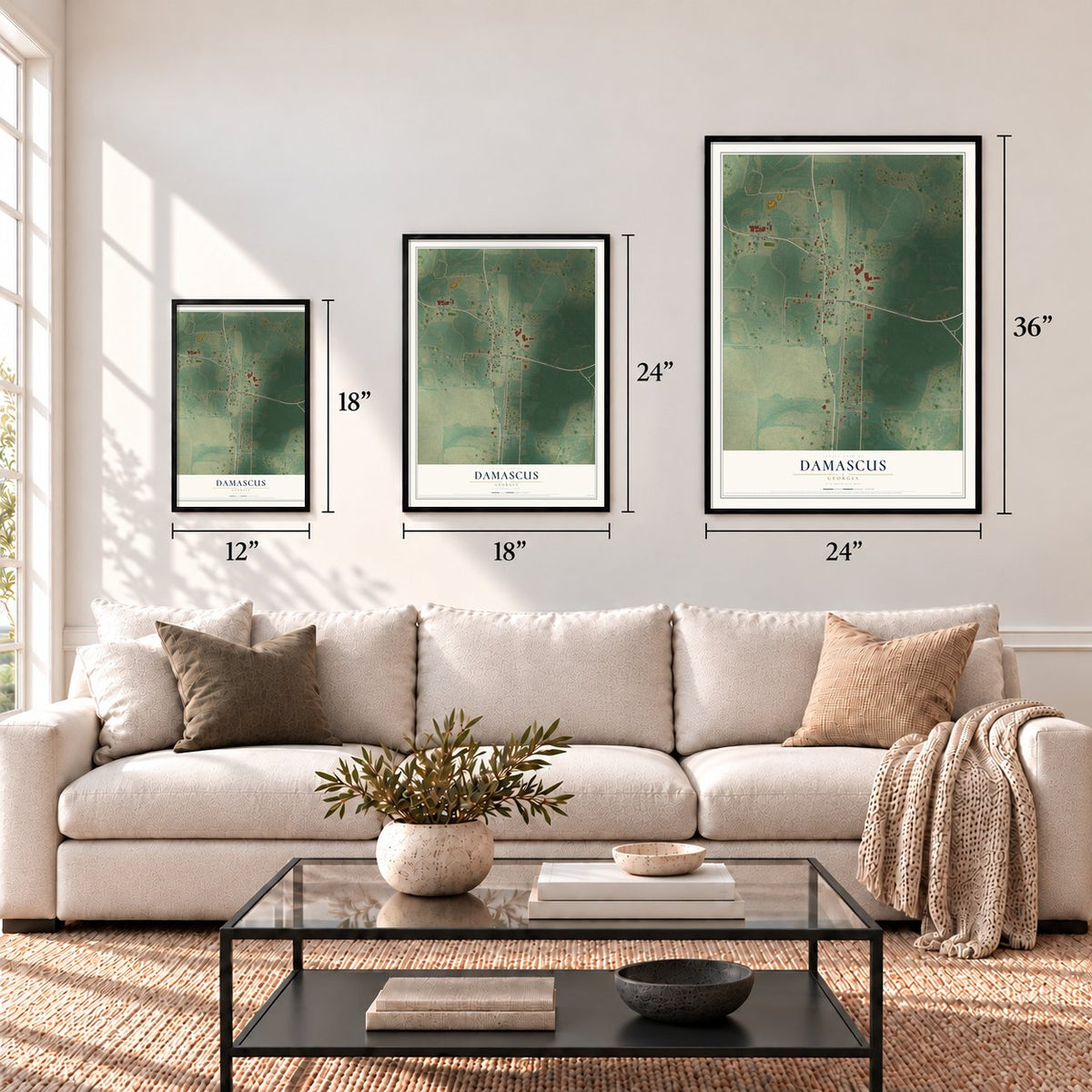 Damascus, Georgia map in 12 x 18, 18 x 24 and 24 x 36 inch sizes above a sofa