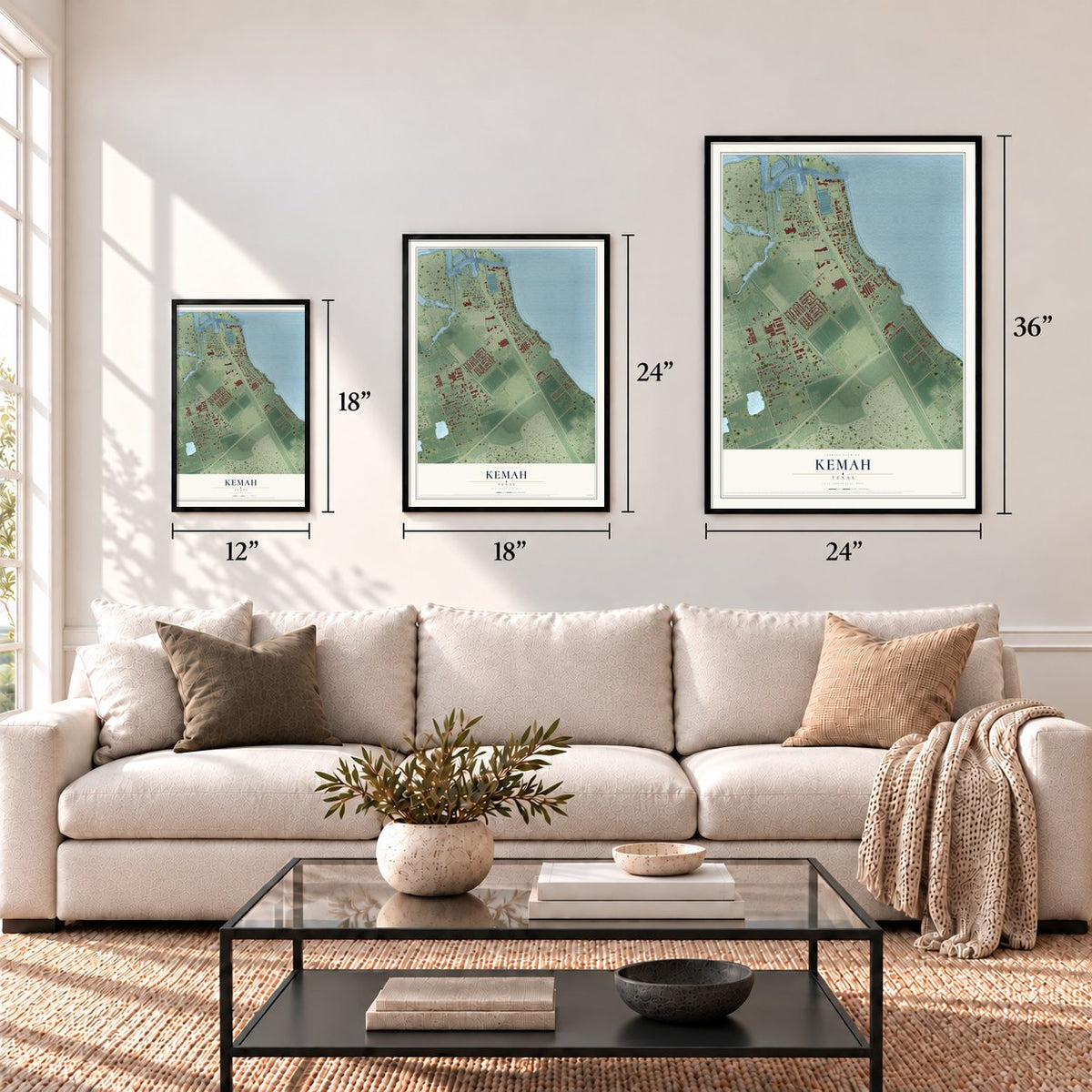 Kemah, Texas map in 12 x 18, 18 x 24 and 24 x 36 inch sizes above a sofa