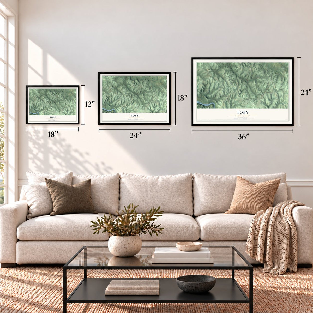 Toby, Pennsylvania map in 12 x 18, 18 x 24 and 24 x 36 inch sizes above a sofa