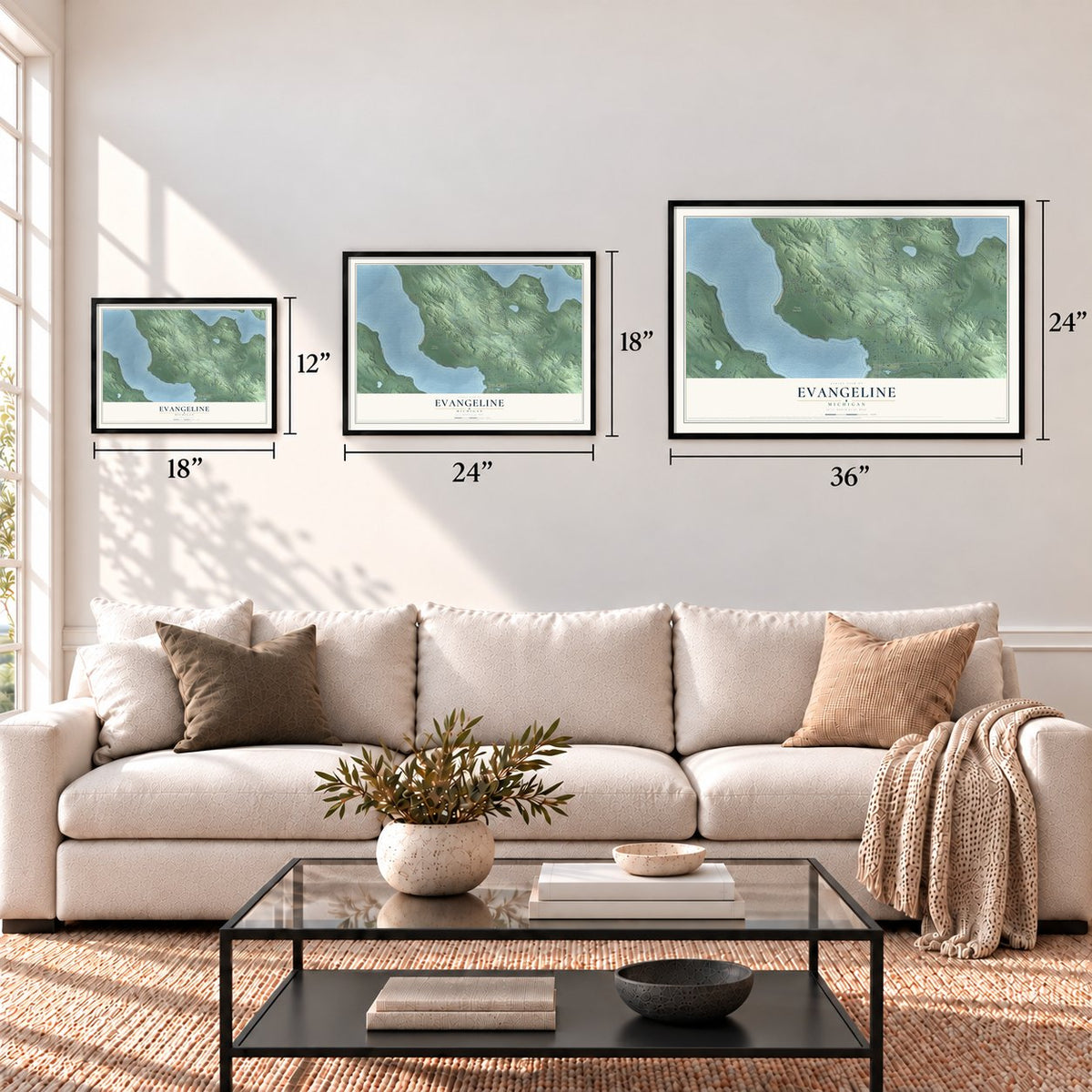 Evangeline, Michigan map in 12 x 18, 18 x 24 and 24 x 36 inch sizes above a sofa