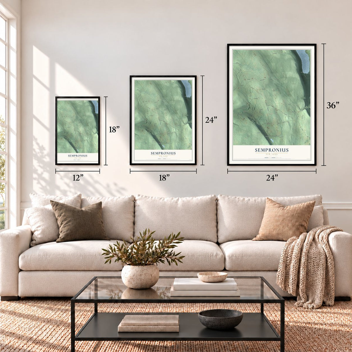 Sempronius, New York map in 12 x 18, 18 x 24 and 24 x 36 inch sizes above a sofa