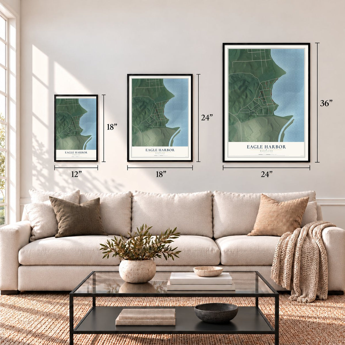 Eagle Harbor, Maryland map in 12 x 18, 18 x 24 and 24 x 36 inch sizes above a sofa