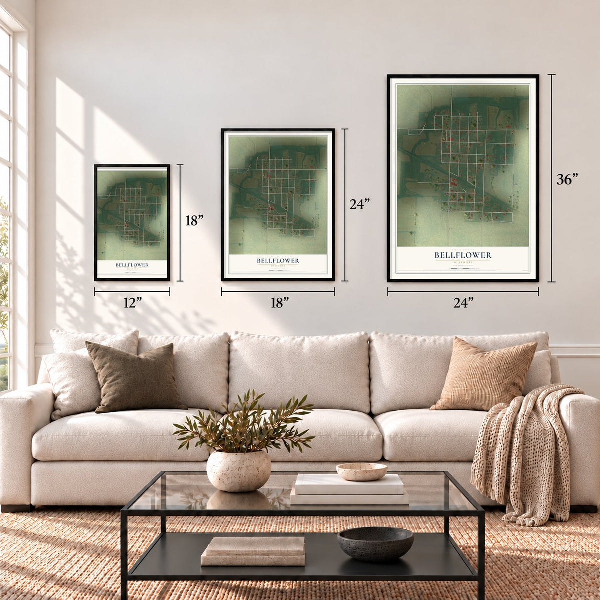 Bellflower, Missouri map in 12 x 18, 18 x 24 and 24 x 36 inch sizes above a sofa