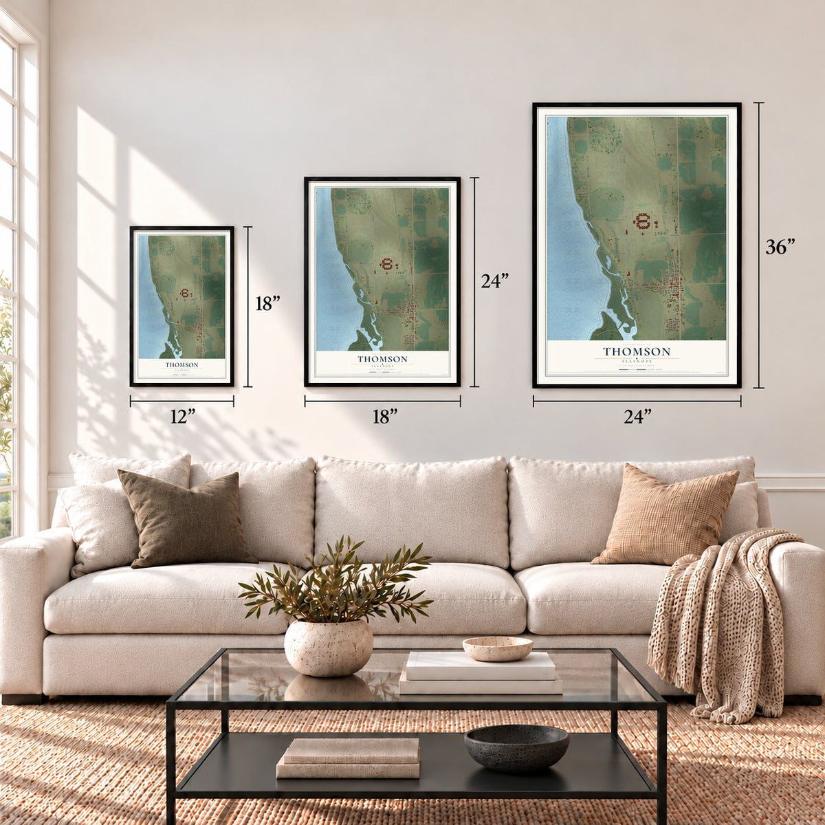 Thomson, Illinois map in 12 x 18, 18 x 24 and 24 x 36 inch sizes above a sofa