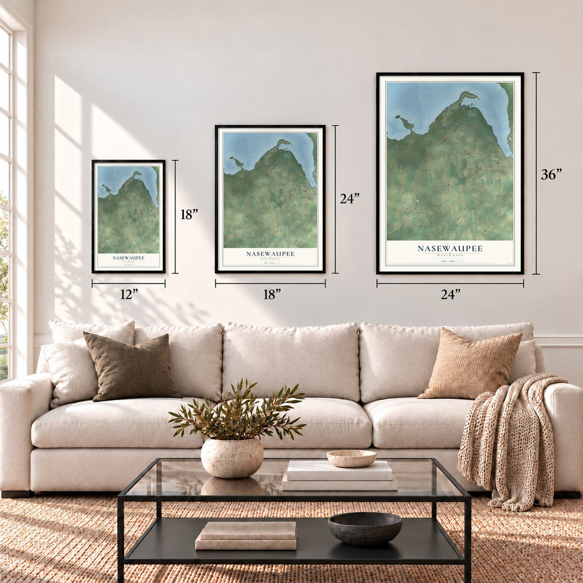 Nasewaupee, Wisconsin map in 12 x 18, 18 x 24 and 24 x 36 inch sizes above a sofa