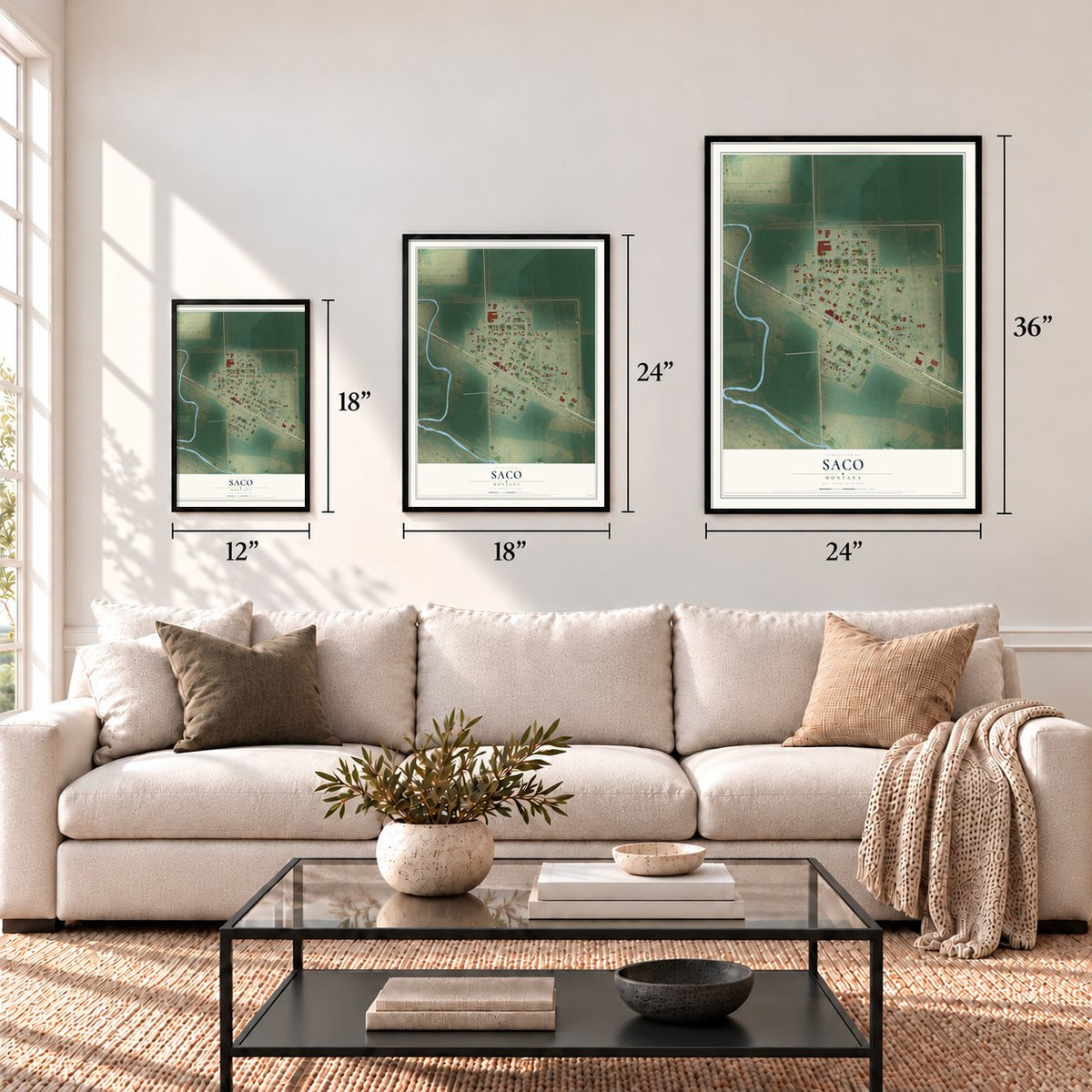 Saco, Montana map in 12 x 18, 18 x 24 and 24 x 36 inch sizes above a sofa