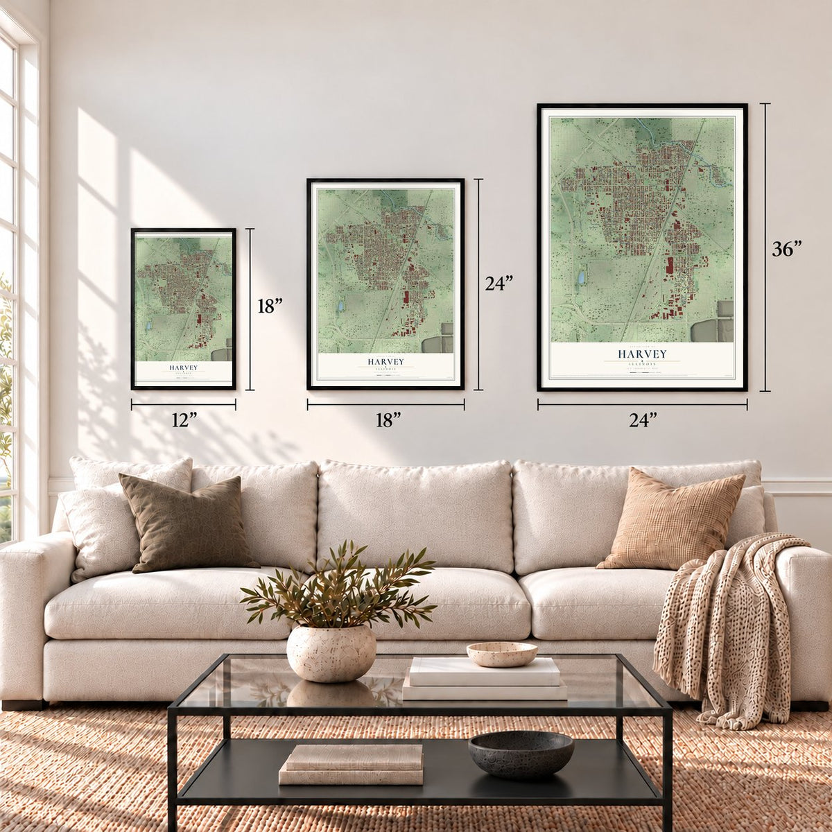 Harvey, Illinois map in 12 x 18, 18 x 24 and 24 x 36 inch sizes above a sofa