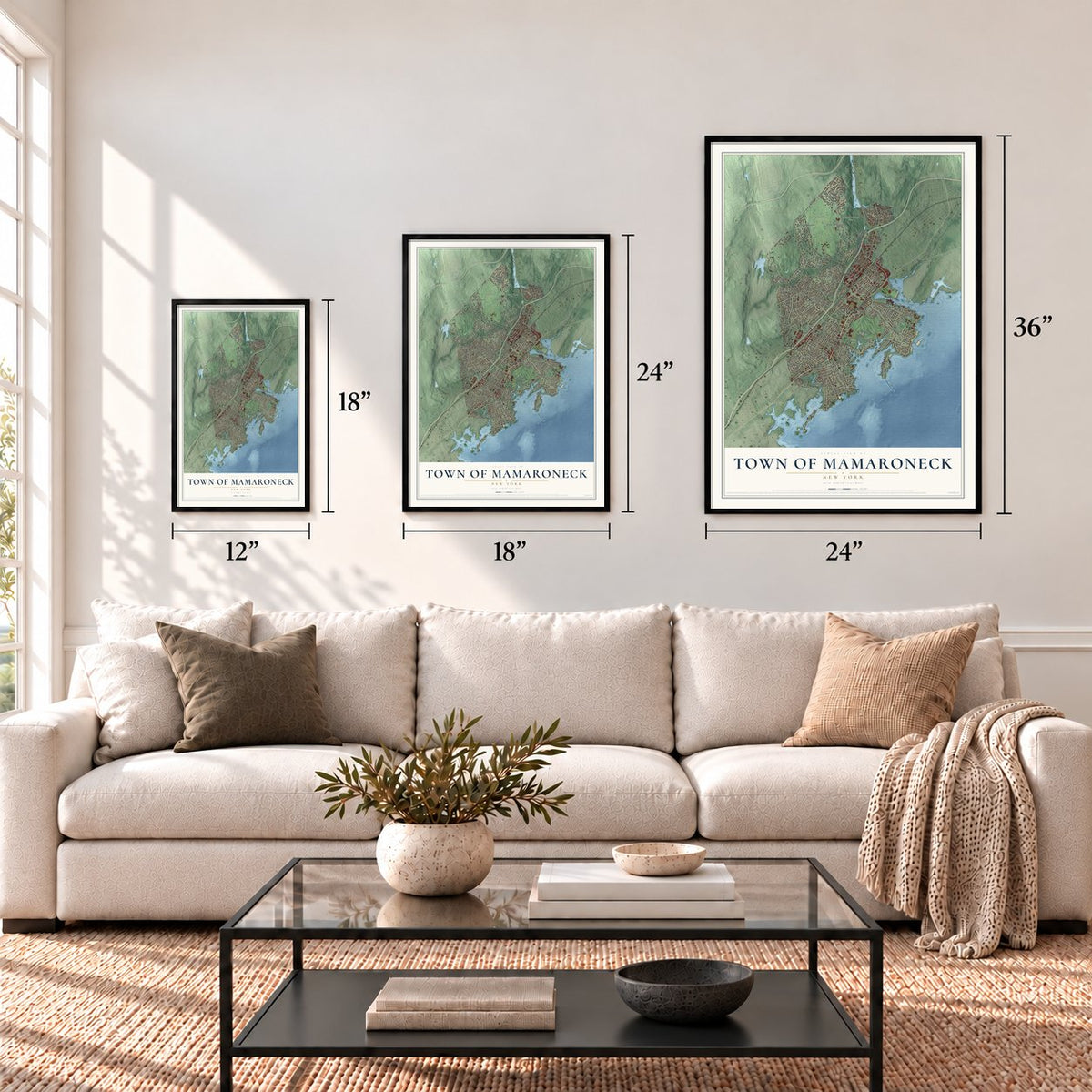 Town of Mamaroneck, New York map in 12 x 18, 18 x 24 and 24 x 36 inch sizes above a sofa