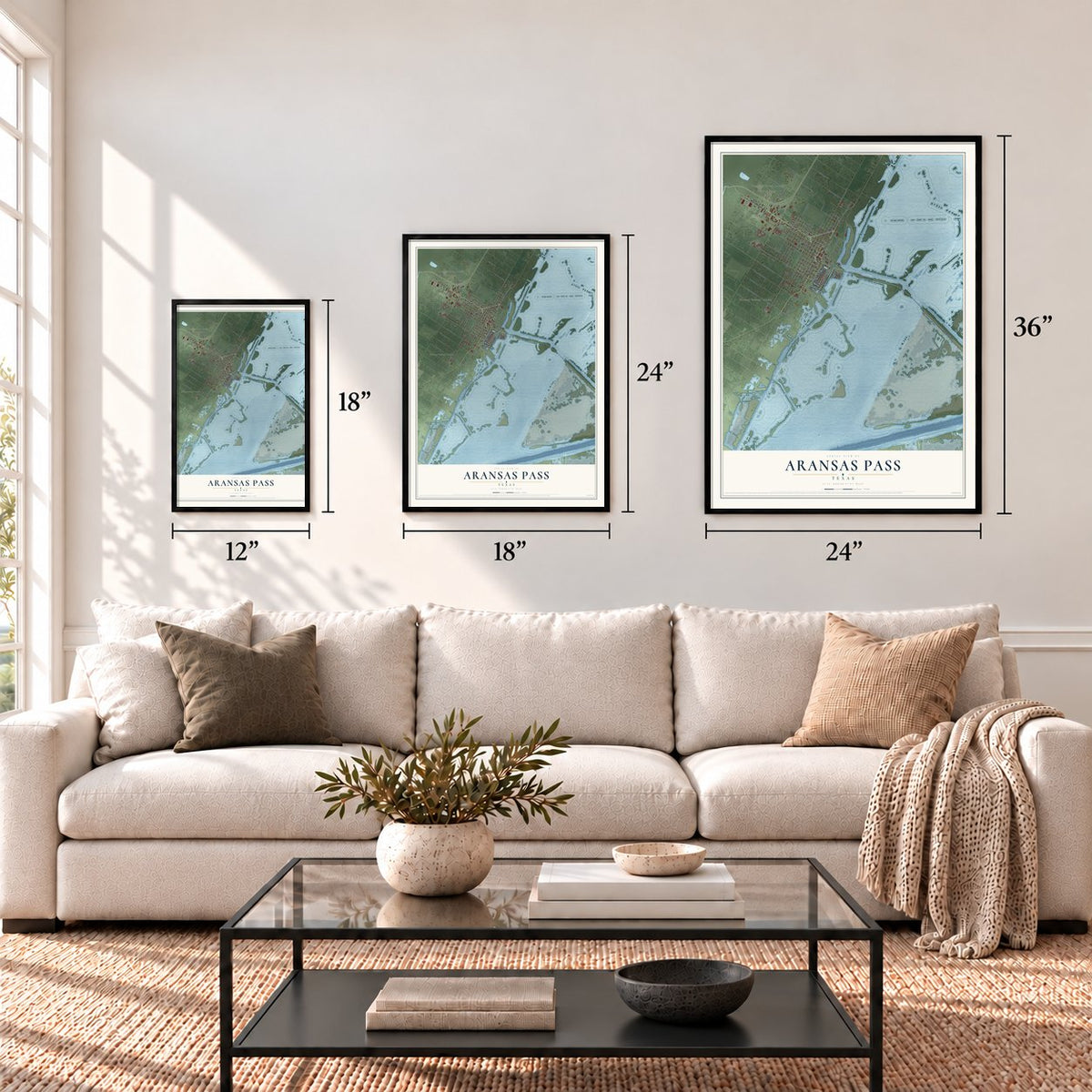 Aransas Pass, Texas map in 12 x 18, 18 x 24 and 24 x 36 inch sizes above a sofa