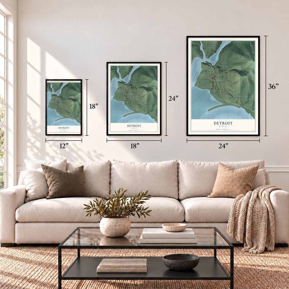 Detroit, Oregon map in 12 x 18, 18 x 24 and 24 x 36 inch sizes above a sofa