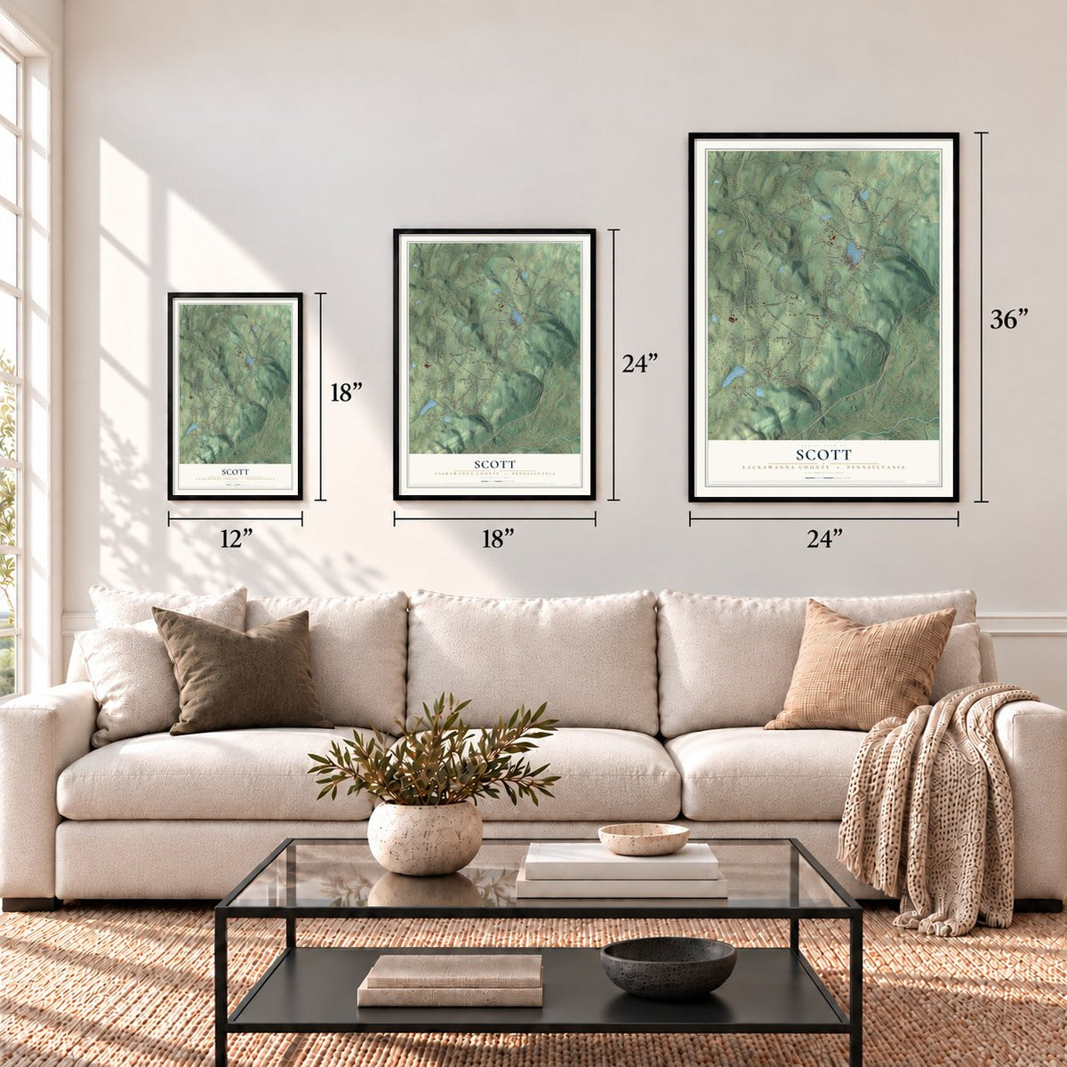 Scott, Lackawanna County, Pennsylvania map in 12 x 18, 18 x 24 and 24 x 36 inch sizes above a sofa