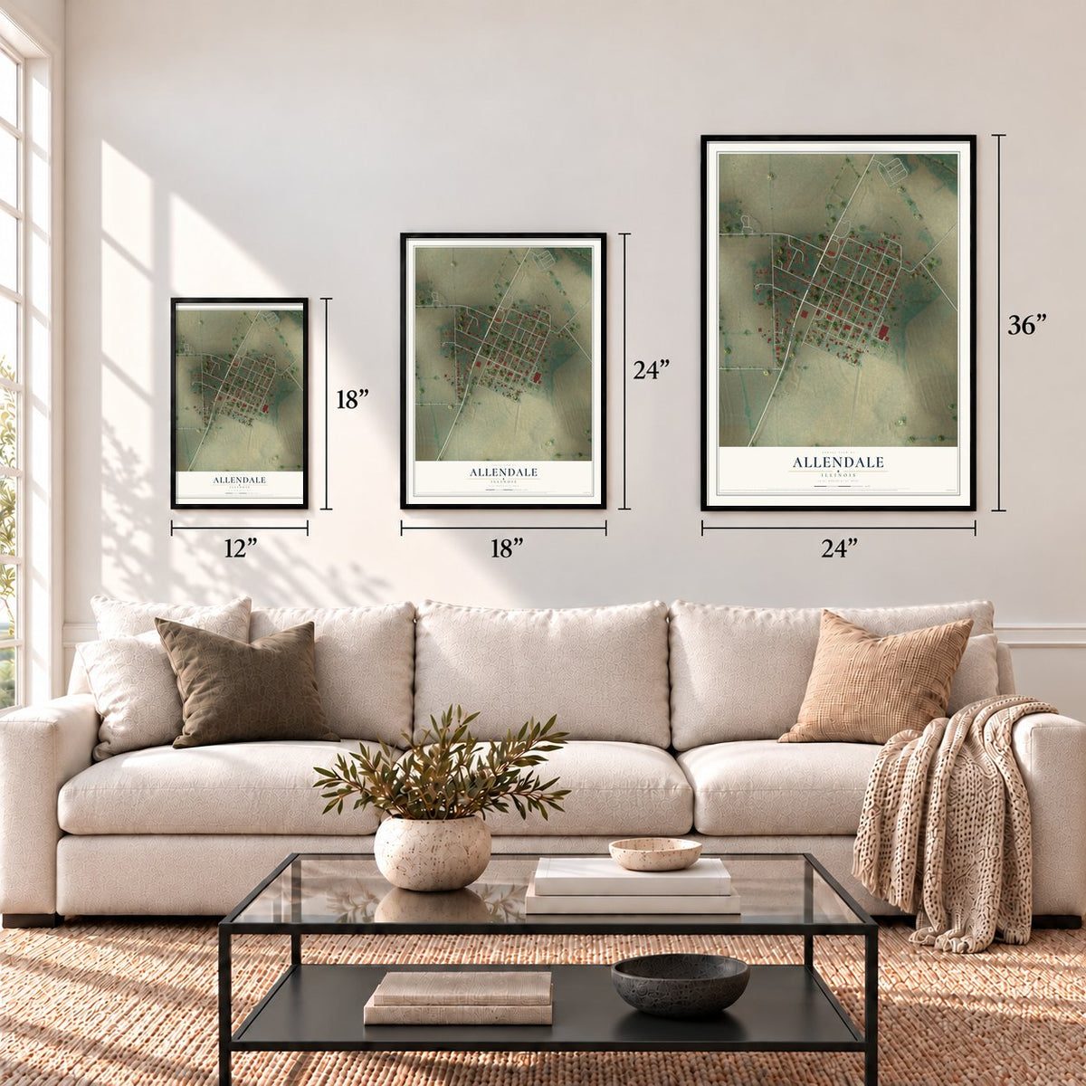 Allendale, Illinois map in 12 x 18, 18 x 24 and 24 x 36 inch sizes above a sofa