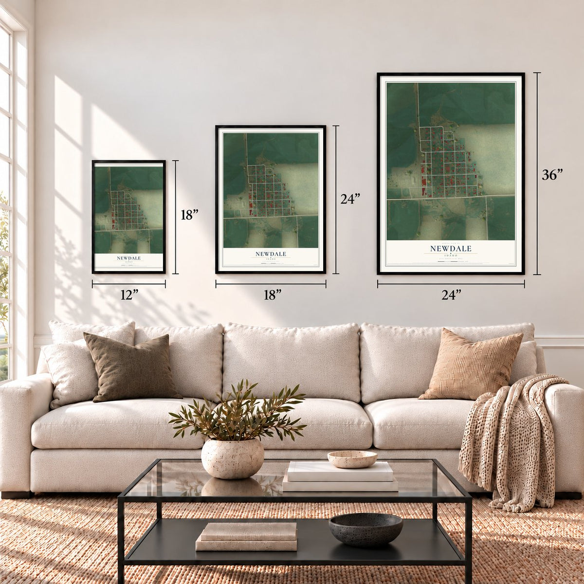 Newdale, Idaho map in 12 x 18, 18 x 24 and 24 x 36 inch sizes above a sofa