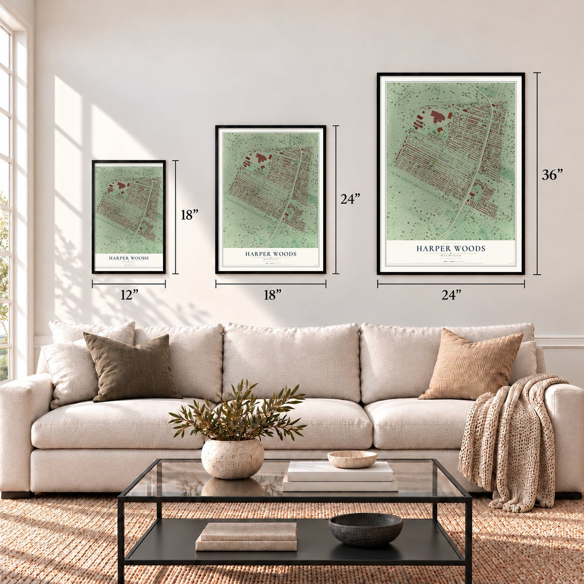Harper Woods, Michigan map in 12 x 18, 18 x 24 and 24 x 36 inch sizes above a sofa