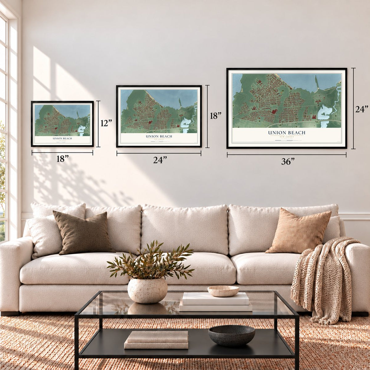 Union Beach, New Jersey map in 12 x 18, 18 x 24 and 24 x 36 inch sizes above a sofa