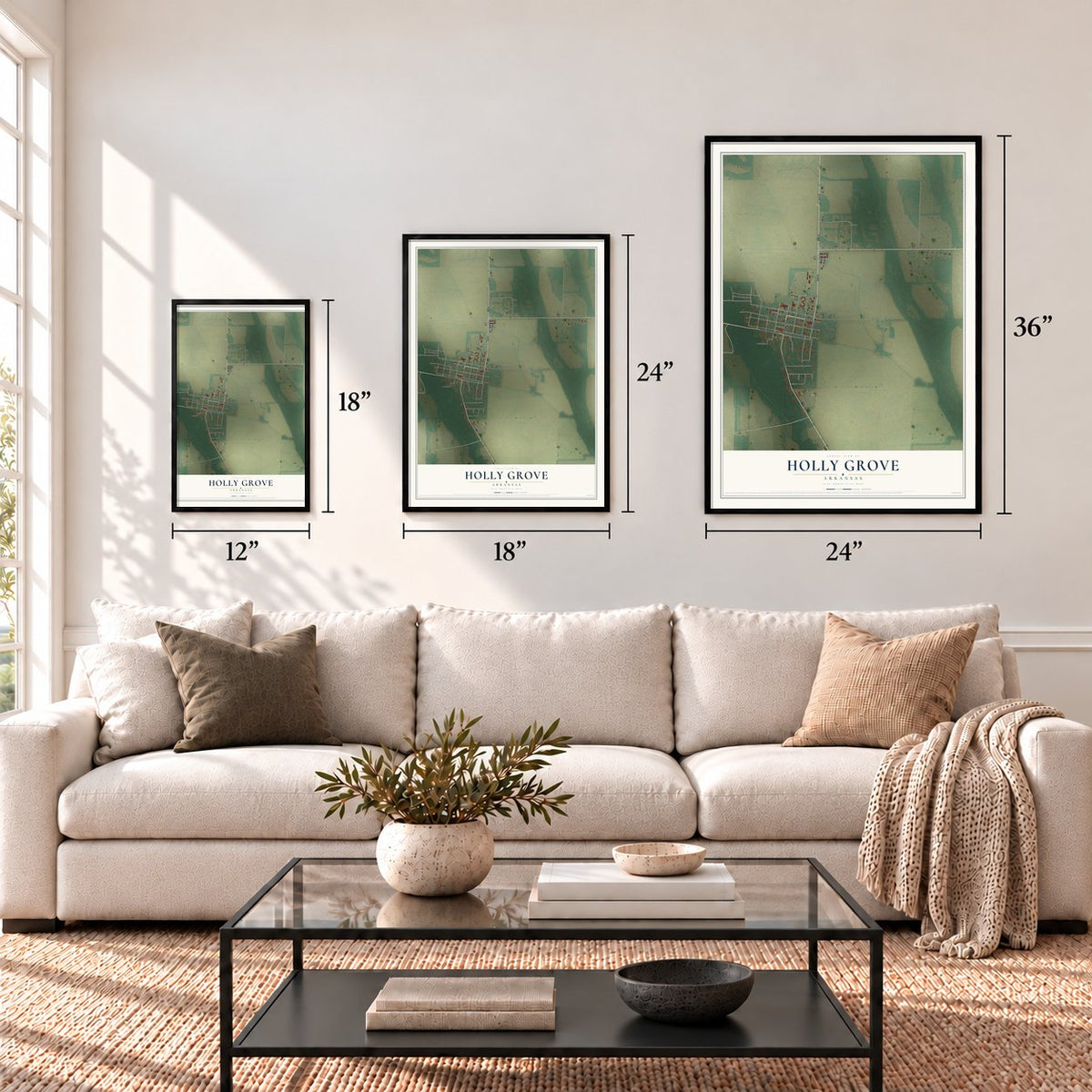 Holly Grove, Arkansas map in 12 x 18, 18 x 24 and 24 x 36 inch sizes above a sofa