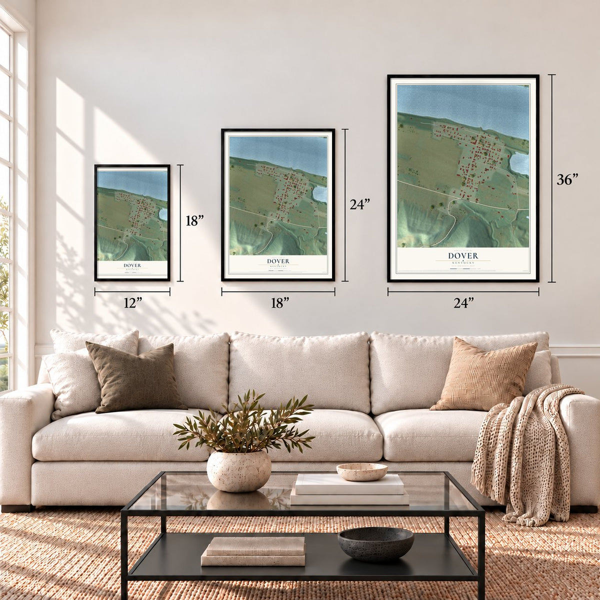 Dover, Kentucky map in 12 x 18, 18 x 24 and 24 x 36 inch sizes above a sofa