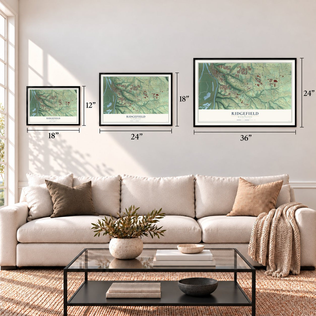 Ridgefield, Washington map in 12 x 18, 18 x 24 and 24 x 36 inch sizes above a sofa
