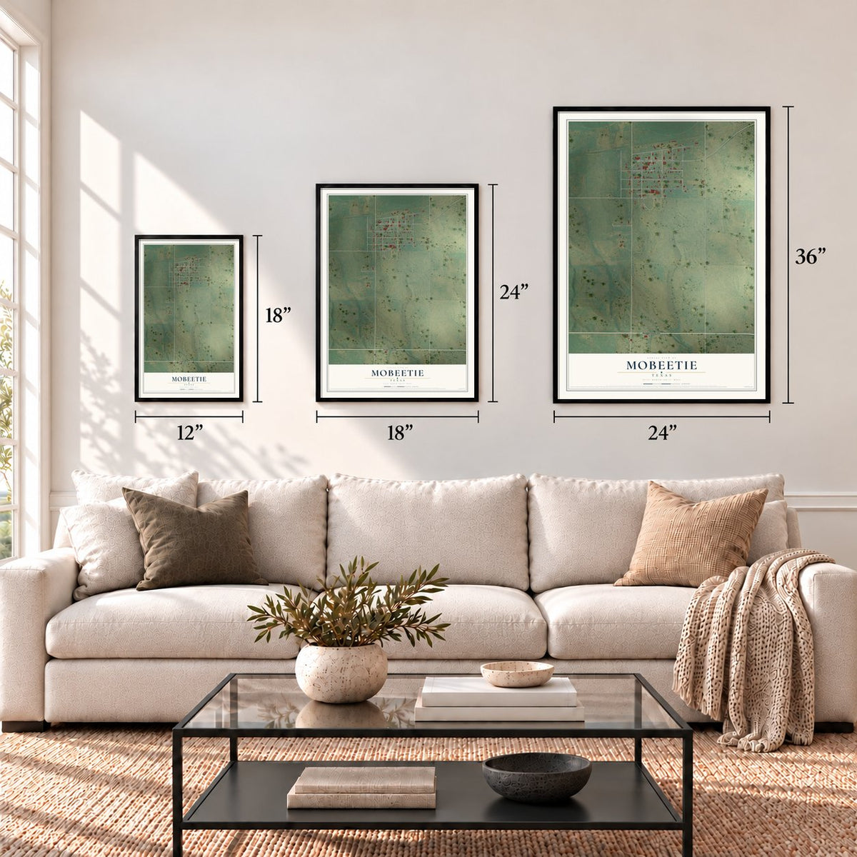Mobeetie, Texas map in 12 x 18, 18 x 24 and 24 x 36 inch sizes above a sofa