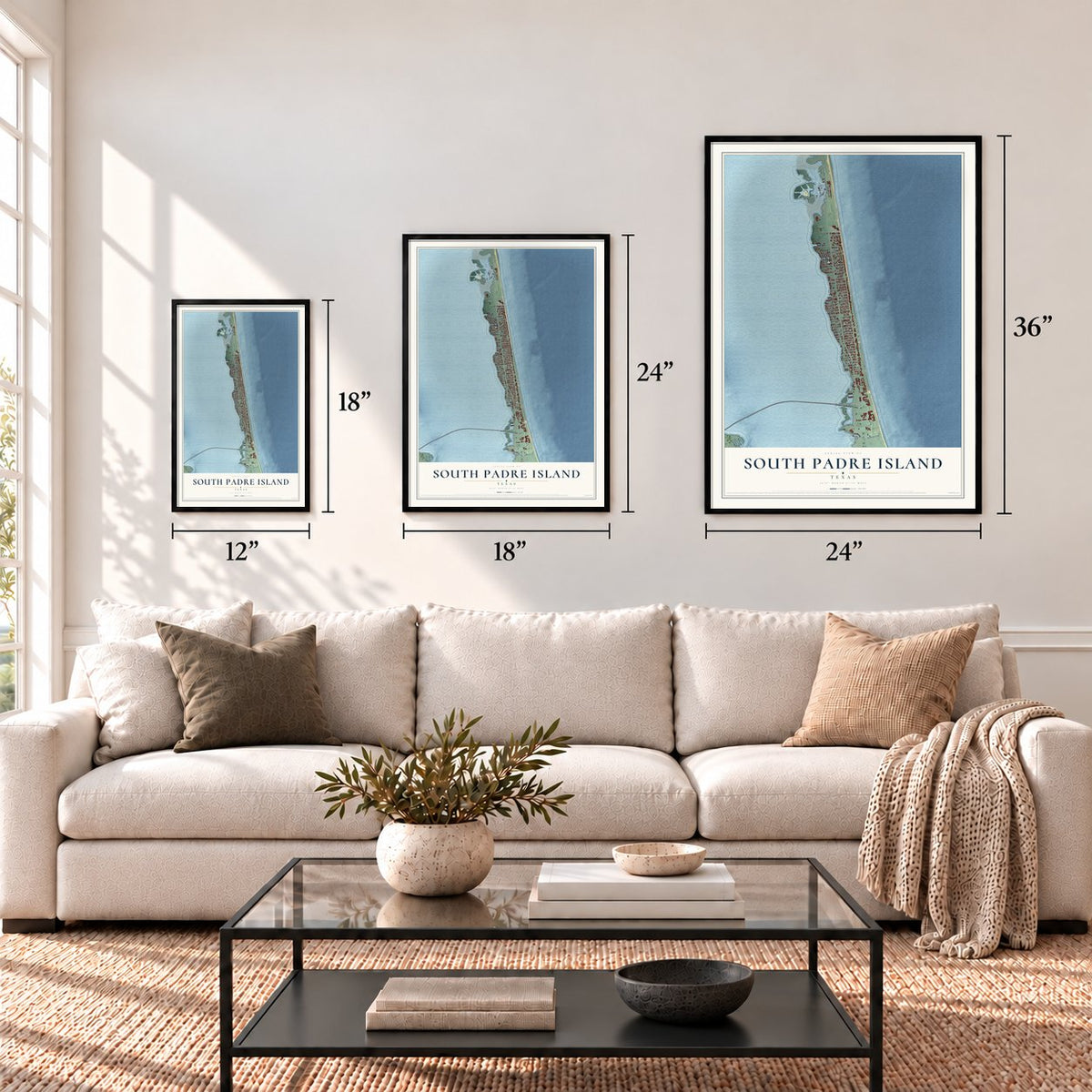 South Padre Island, Texas map in 12 x 18, 18 x 24 and 24 x 36 inch sizes above a sofa