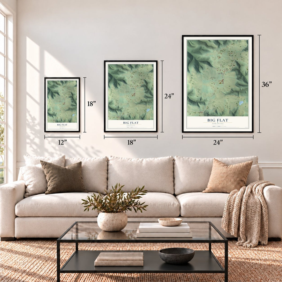 Big Flat, Arkansas map in 12 x 18, 18 x 24 and 24 x 36 inch sizes above a sofa