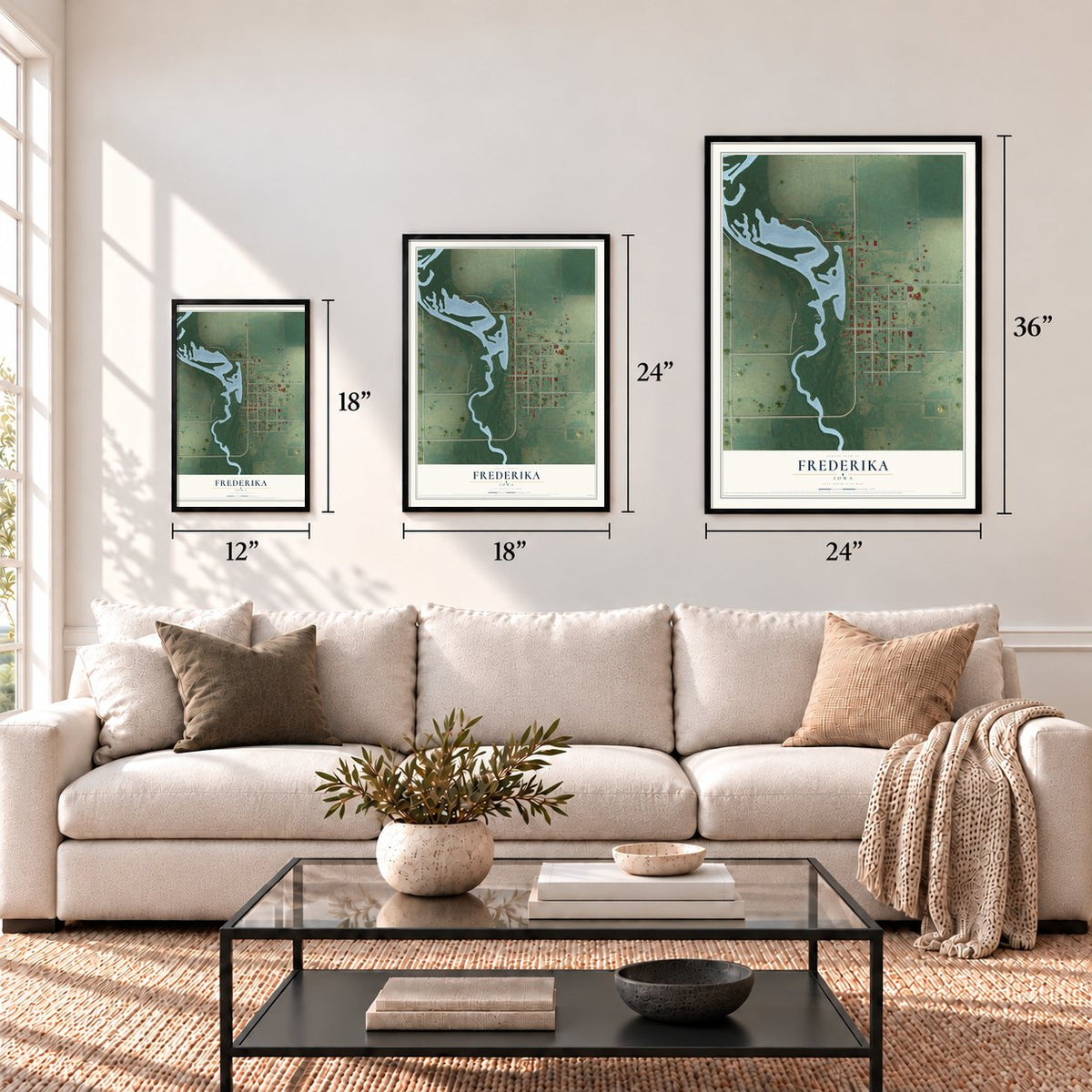 Frederika, Iowa map in 12 x 18, 18 x 24 and 24 x 36 inch sizes above a sofa