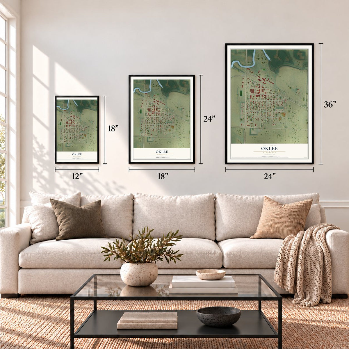 Oklee, Minnesota map in 12 x 18, 18 x 24 and 24 x 36 inch sizes above a sofa
