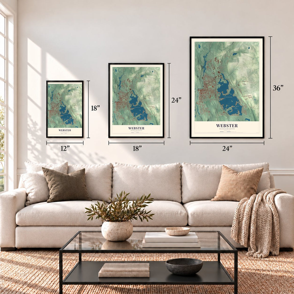 Webster, Massachusetts map in 12 x 18, 18 x 24 and 24 x 36 inch sizes above a sofa