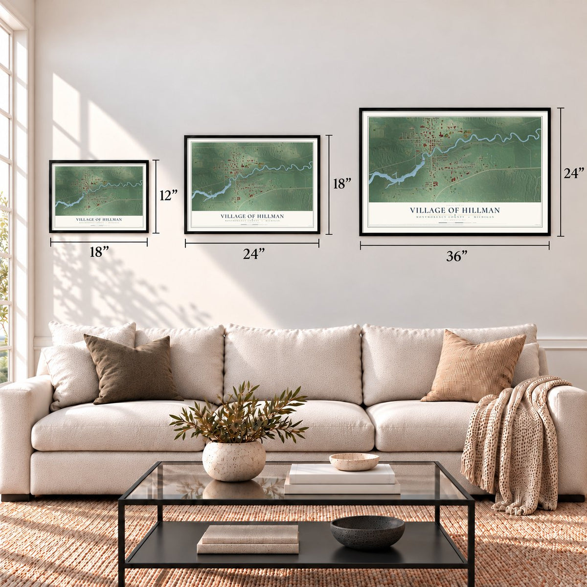 Hillman, Michigan map in 12 x 18, 18 x 24 and 24 x 36 inch sizes above a sofa