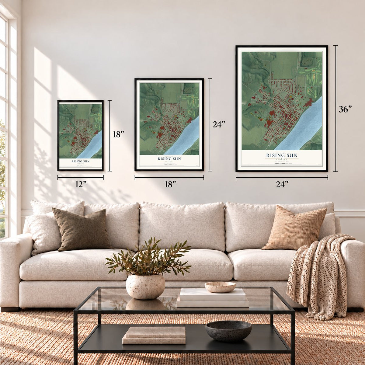 Rising Sun, Indiana map in 12 x 18, 18 x 24 and 24 x 36 inch sizes above a sofa