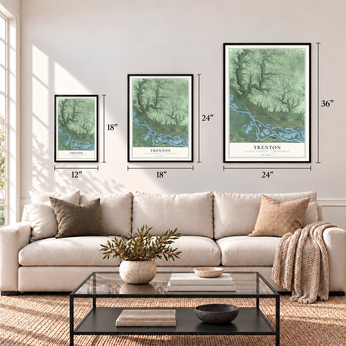 Trenton, Pierce County, Wisconsin map in 12 x 18, 18 x 24 and 24 x 36 inch sizes above a sofa