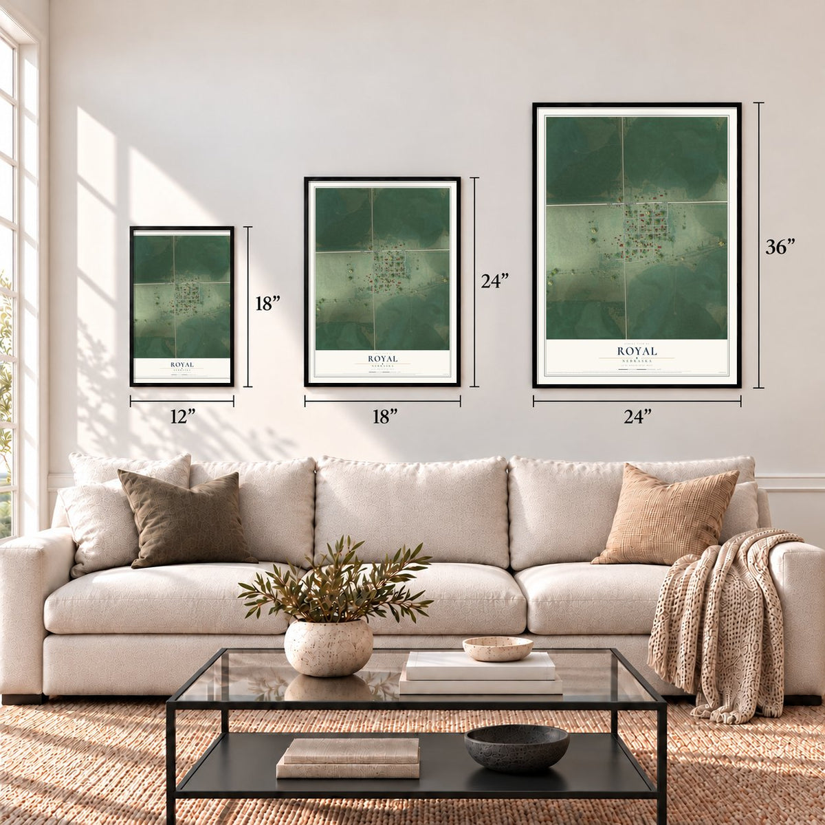 Royal, Nebraska map in 12 x 18, 18 x 24 and 24 x 36 inch sizes above a sofa