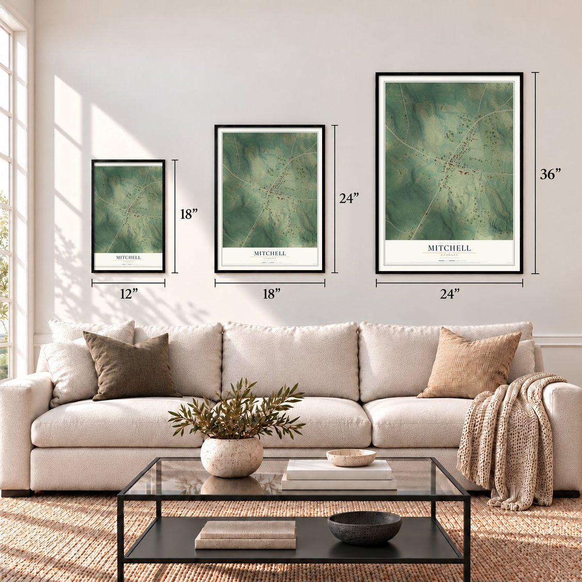 Mitchell, Georgia map in 12 x 18, 18 x 24 and 24 x 36 inch sizes above a sofa