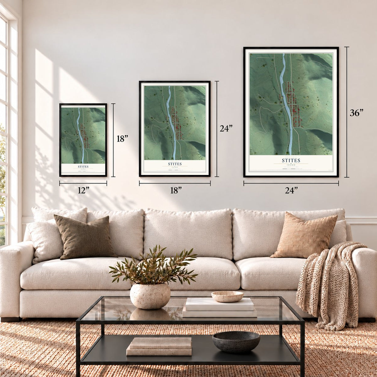 Stites, Idaho map in 12 x 18, 18 x 24 and 24 x 36 inch sizes above a sofa