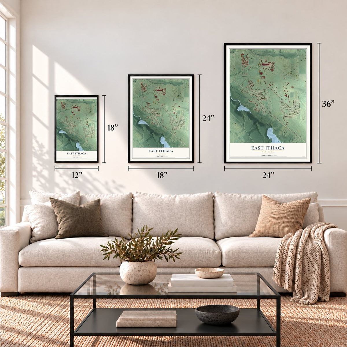 East Ithaca, New York map in 12 x 18, 18 x 24 and 24 x 36 inch sizes above a sofa