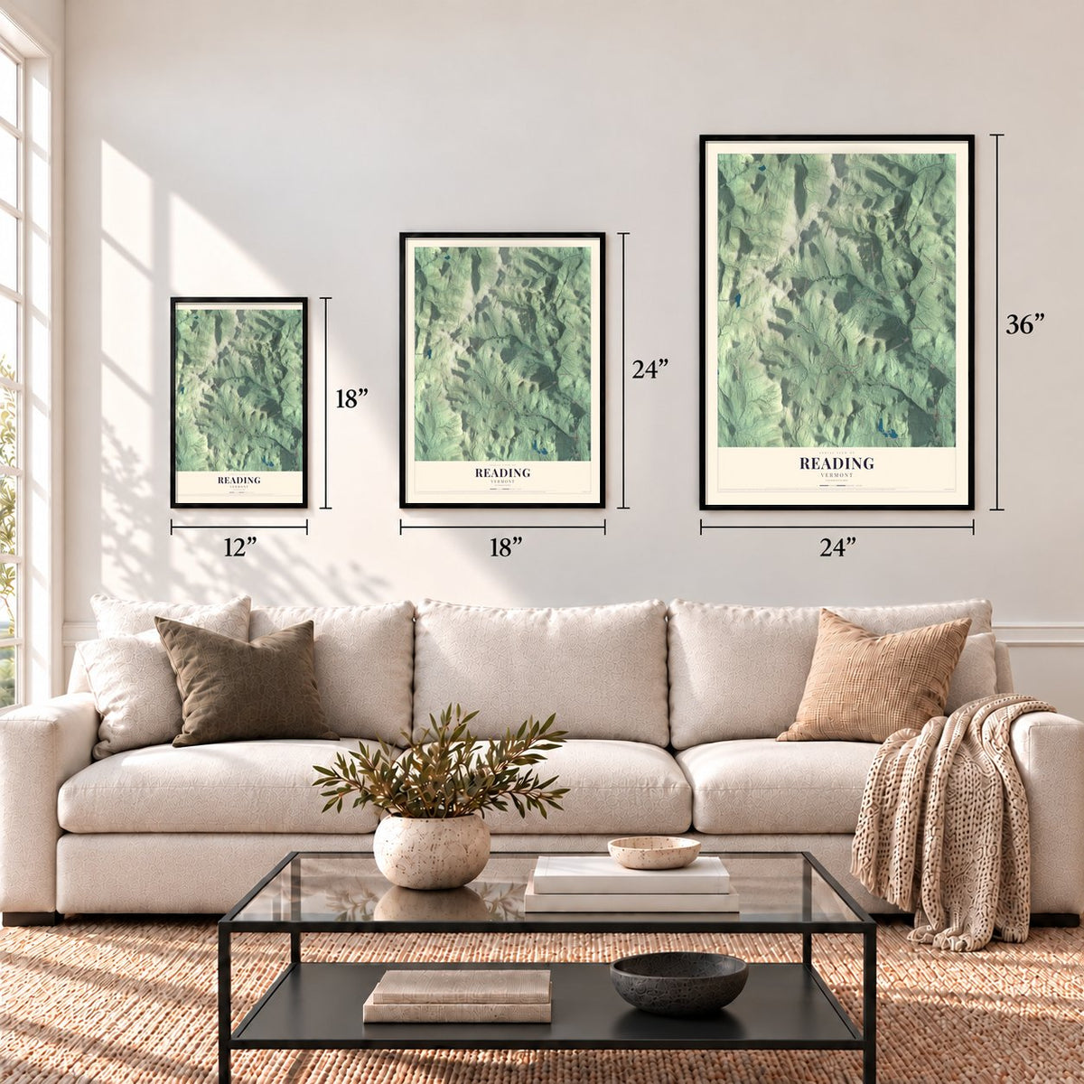 Reading, Vermont map in 12 x 18, 18 x 24 and 24 x 36 inch sizes above a sofa