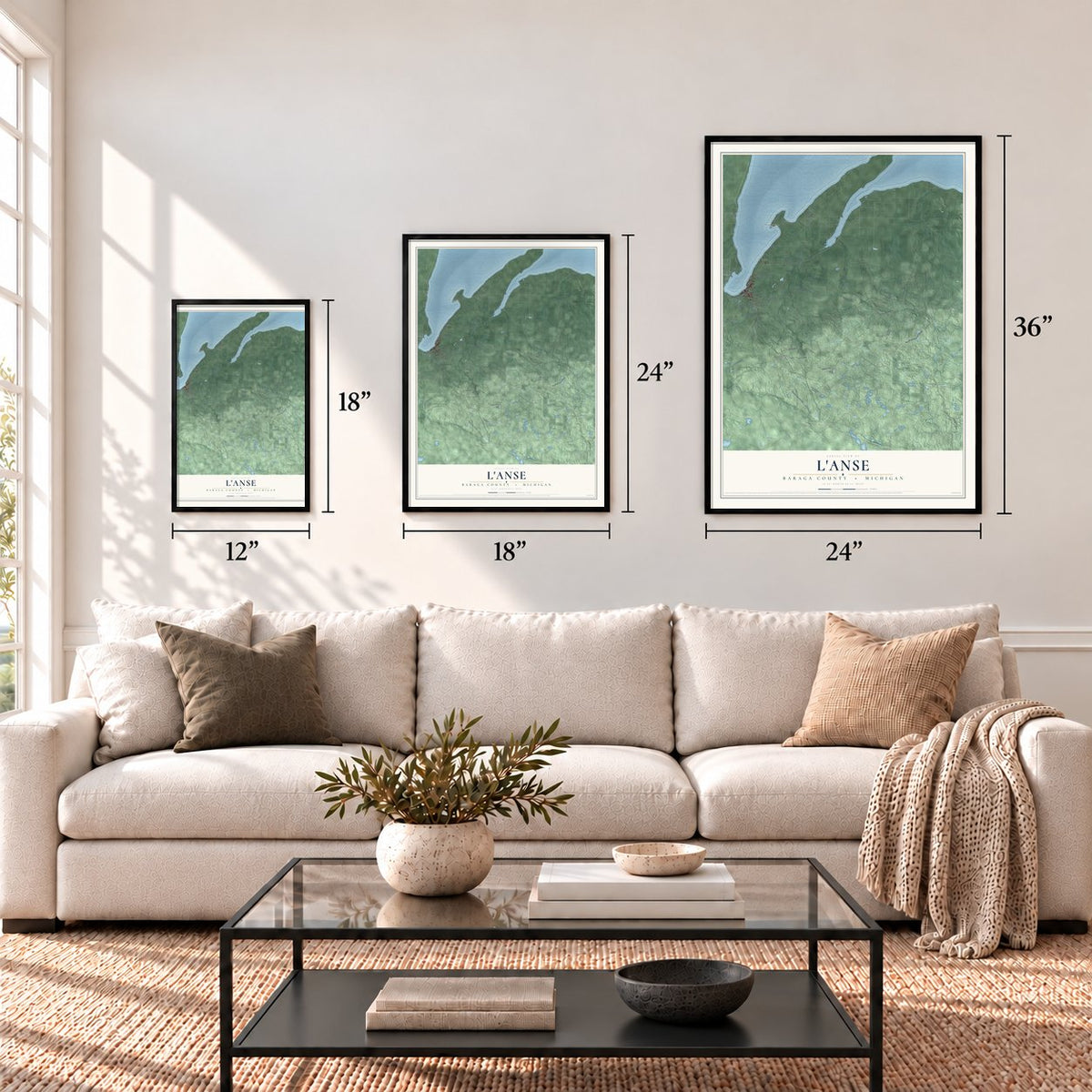 L'Anse, Baraga County, Michigan map in 12 x 18, 18 x 24 and 24 x 36 inch sizes above a sofa