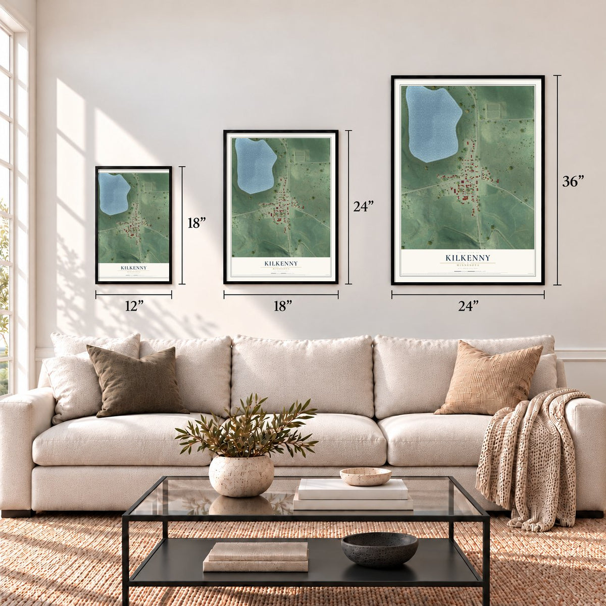 Kilkenny, Minnesota map in 12 x 18, 18 x 24 and 24 x 36 inch sizes above a sofa