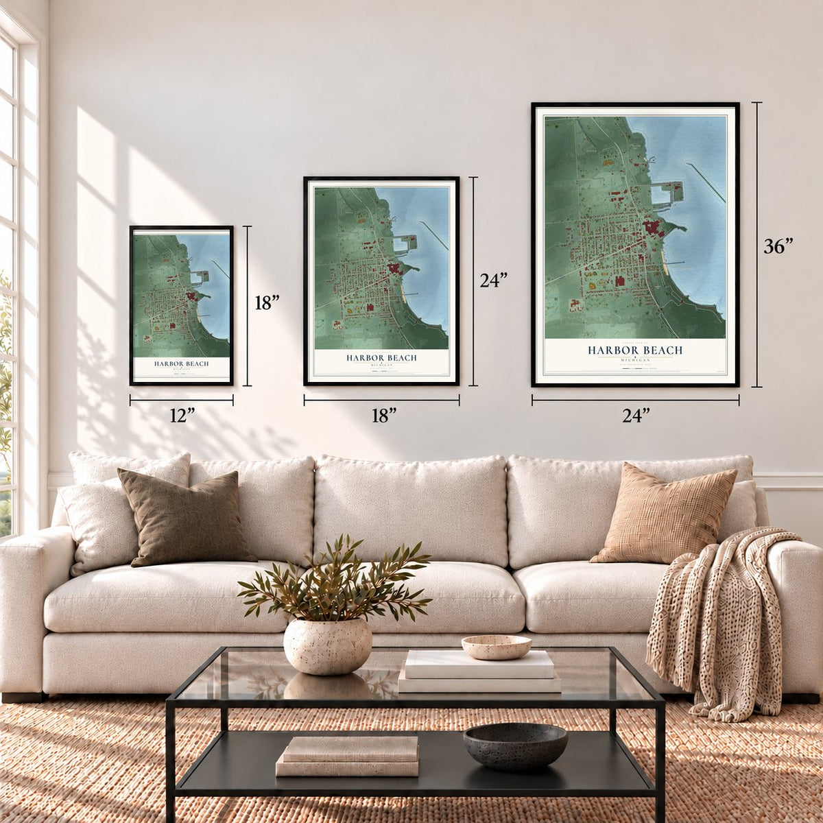 Harbor Beach, Michigan map in 12 x 18, 18 x 24 and 24 x 36 inch sizes above a sofa