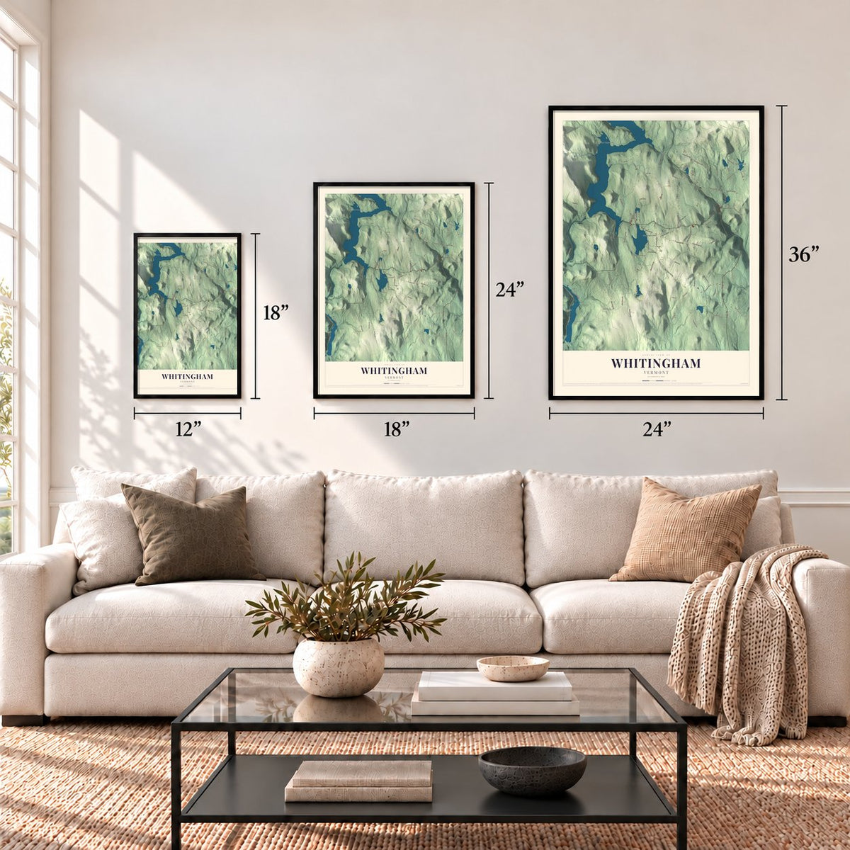 Whitingham, Vermont map in 12 x 18, 18 x 24 and 24 x 36 inch sizes above a sofa