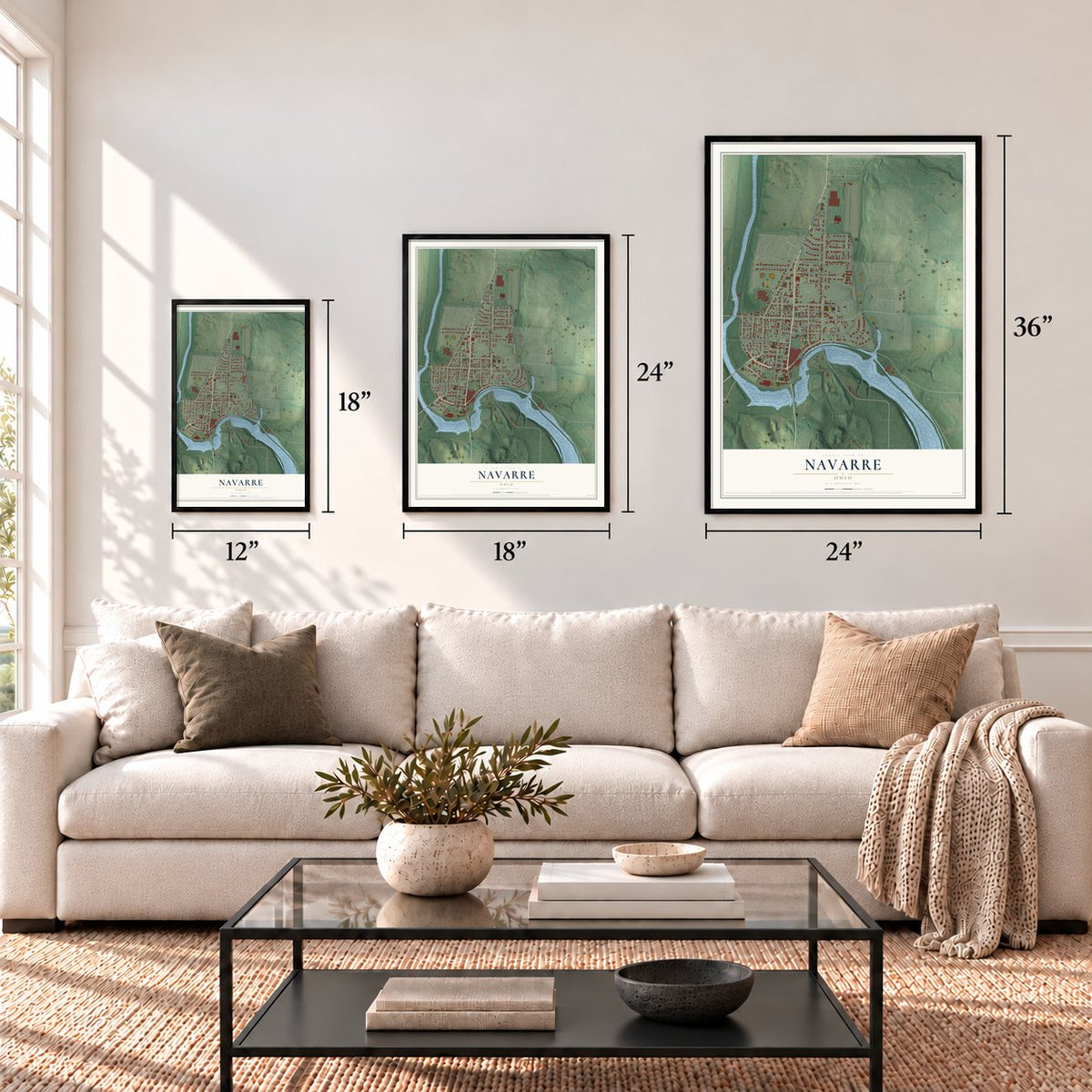 Navarre, Ohio map in 12 x 18, 18 x 24 and 24 x 36 inch sizes above a sofa