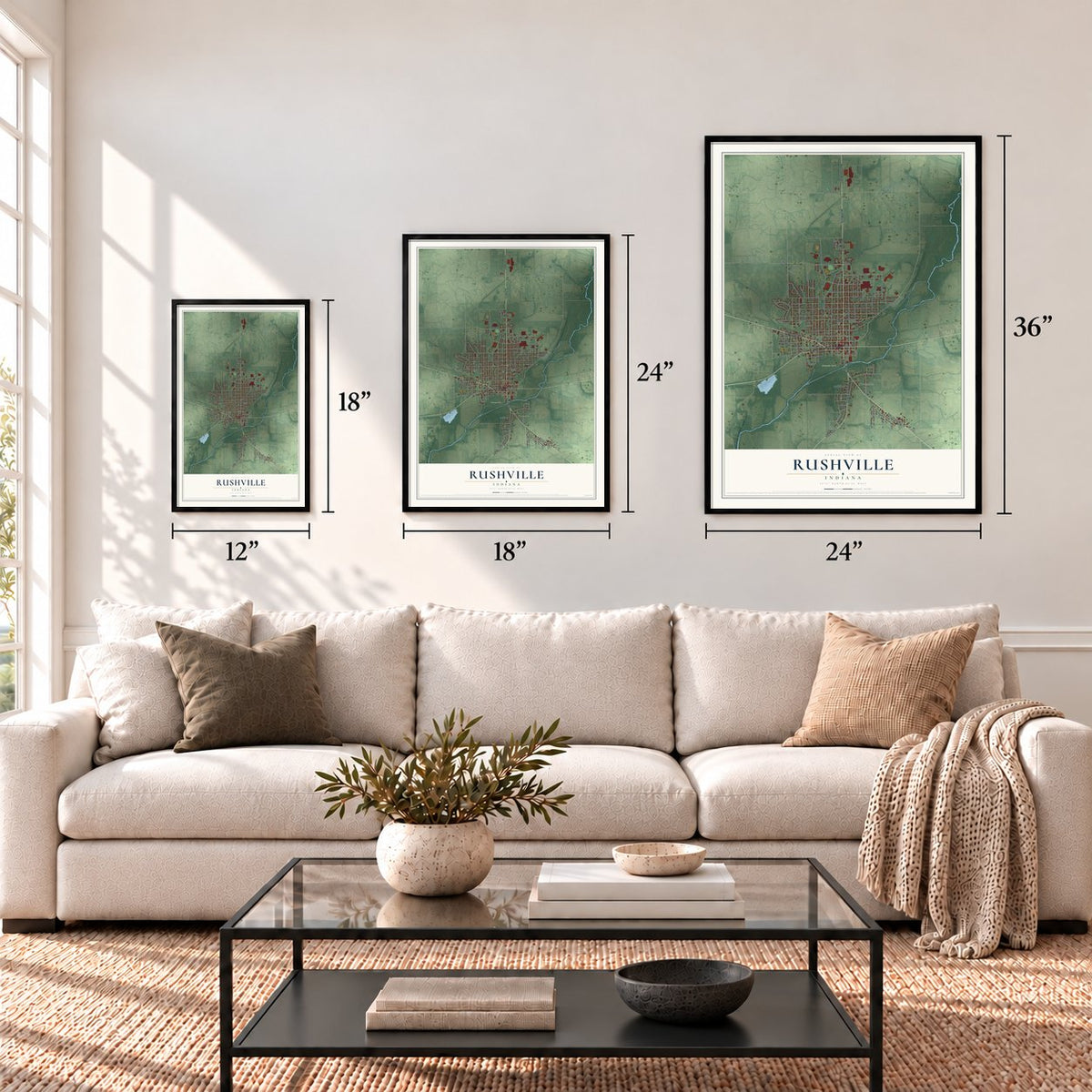 Rushville, Indiana map in 12 x 18, 18 x 24 and 24 x 36 inch sizes above a sofa