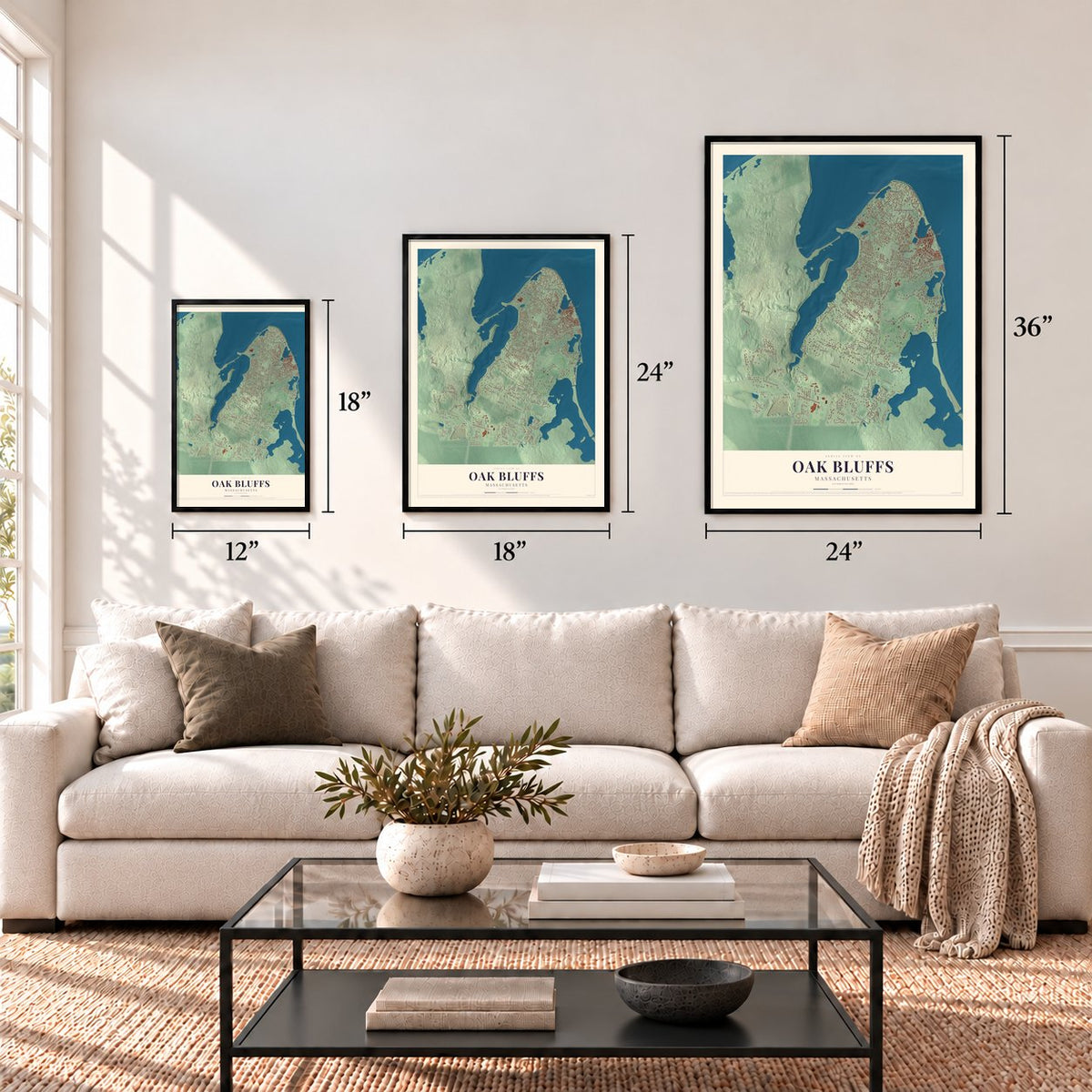 Oak Bluffs, Massachusetts map in 12 x 18, 18 x 24 and 24 x 36 inch sizes above a sofa