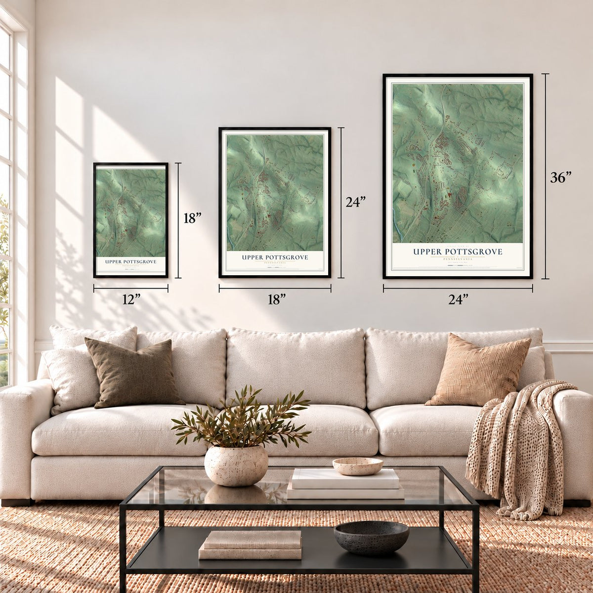 Upper Pottsgrove, Pennsylvania map in 12 x 18, 18 x 24 and 24 x 36 inch sizes above a sofa