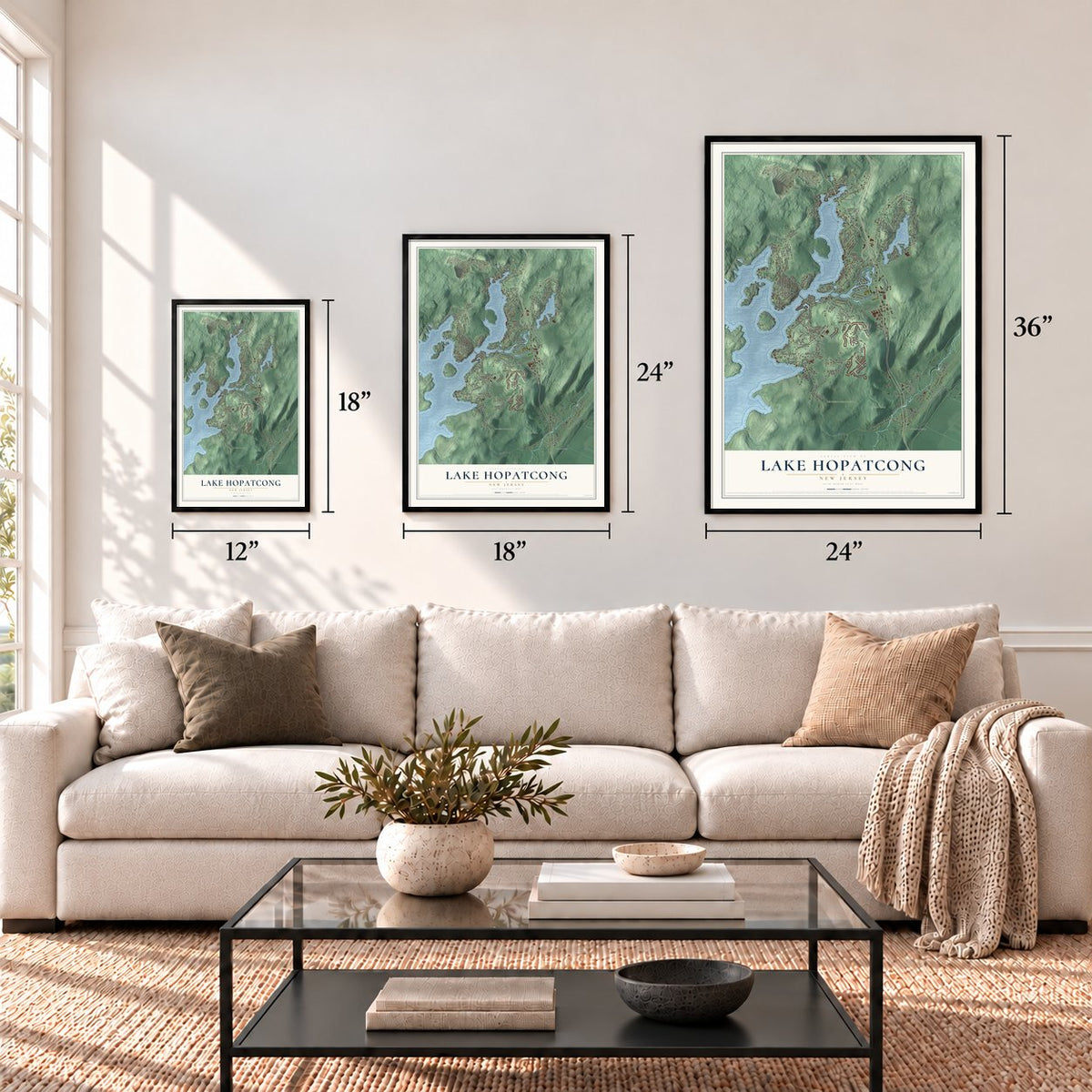 Lake Hopatcong, New Jersey map in 12 x 18, 18 x 24 and 24 x 36 inch sizes above a sofa