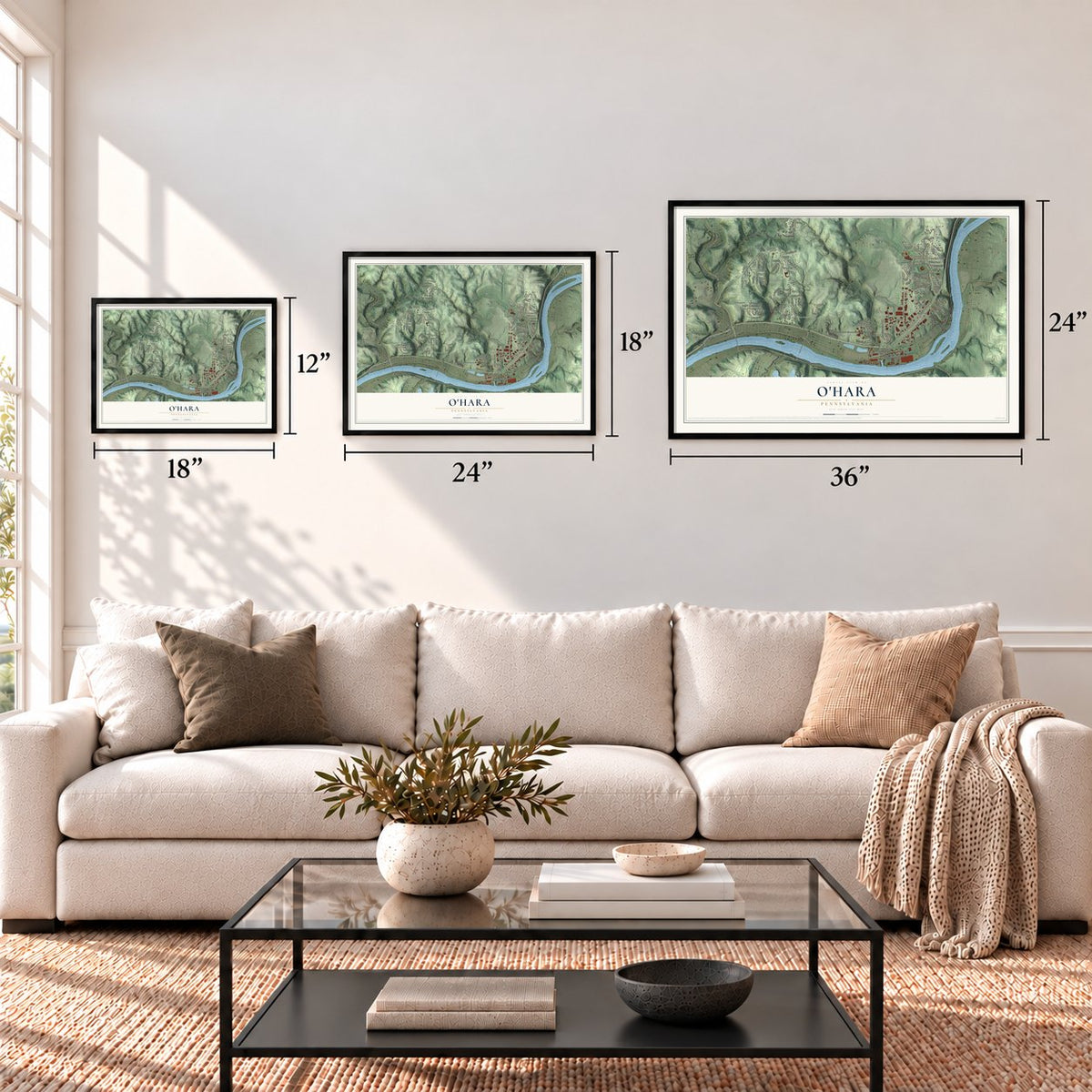 O'Hara, Pennsylvania map in 12 x 18, 18 x 24 and 24 x 36 inch sizes above a sofa