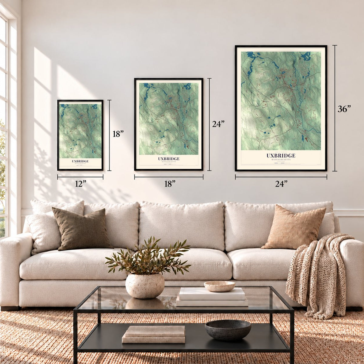Uxbridge, Massachusetts map in 12 x 18, 18 x 24 and 24 x 36 inch sizes above a sofa