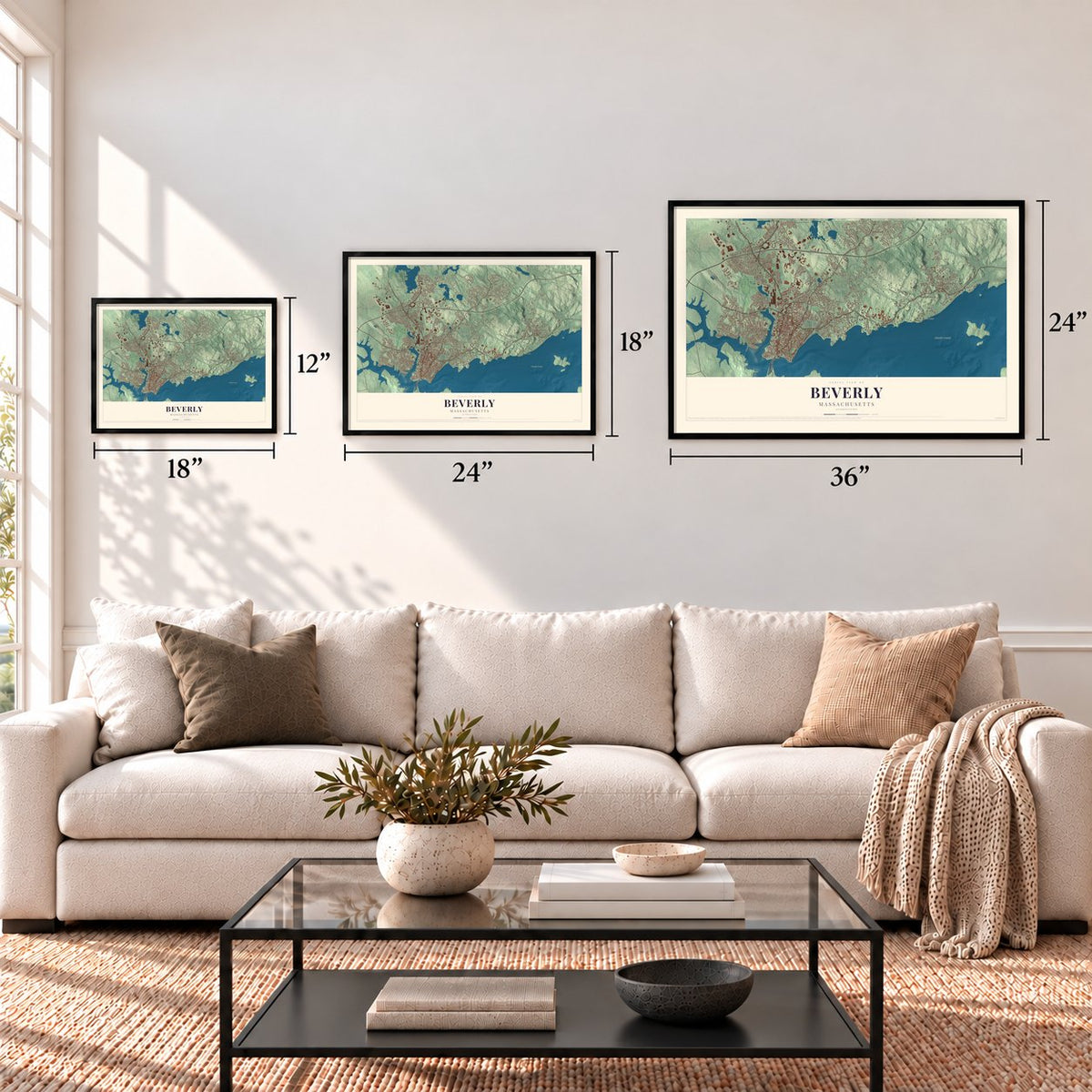Beverly, Massachusetts map in 12 x 18, 18 x 24 and 24 x 36 inch sizes above a sofa
