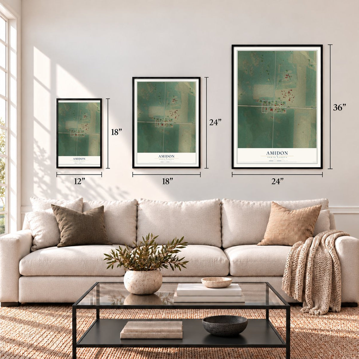 Amidon, North Dakota map in 12 x 18, 18 x 24 and 24 x 36 inch sizes above a sofa